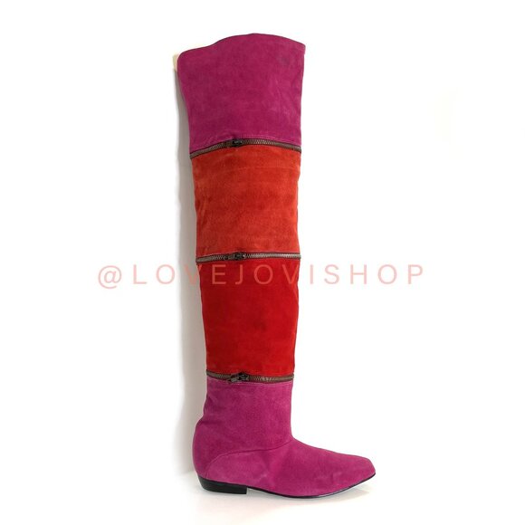 Vintage 80s | Maximalist Tiered Suede Thigh High to Ankle Boots Pink Fuchsia Red - Picture 1 of 16